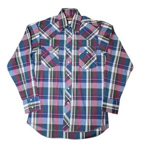 Wrangler Mens‎ Plaid Western Shirt Red Long Sleeve Pearl Snap Front Sz S 14 14.5